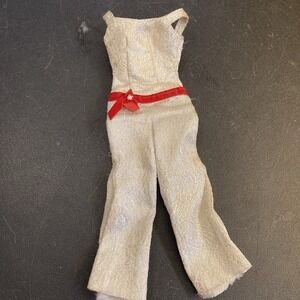 Jumpsuit Pantsuit White Silver Sparkle Barbie Doll Sz‎ Red Sash Mod 60s 70s Vtg